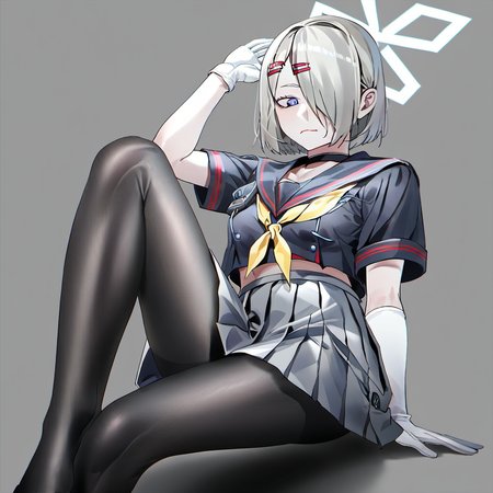 1girl,black pantyhose, blue eyes, buttons, closed mouth, feet out of frame, gloves, grey background, grey hair, grey sailor collar, grey skirt, hair ornament, hair over one eye, hairclip, neckerchief, pantyhose, pleated skirt, sailor collar, school uniform, serafuku, short hair, short sleeves, signature, simple background, skirt, solo, white gloves, yellow neckerchief