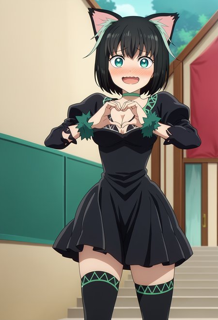 score_9, score_8_up, score_7_up,source_anime,
BREAK
1girl, solo, anime screencap, 
<lora:shiTamaV1:1>, tamadef, short hair, black hair, multicolored hair,
animal ears, wrist cuffs, choker, black thighhighs, black dress, 
heart hands, looking at viewer, smile, blush, open mouth, ;o, wavy mouth, shy,