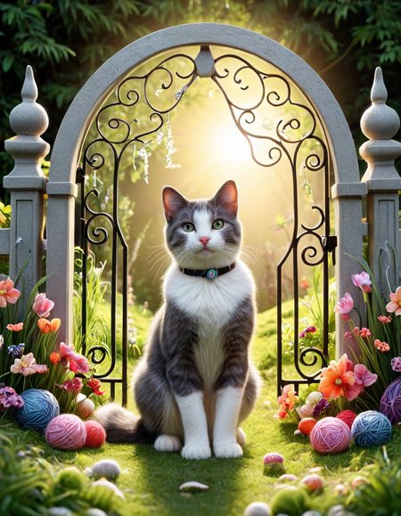 <lora:Yarnworld:0.6> yrnwrld, (Manx Cat:1.1) , inside a Illuminating Gate, grass, Neo Dada Art, Colorless, beautiful, beautiful detailed, complimentary colors, badge, magical, fantastic aesthetic, highly contrasted, rich vivid colors, magical atmosphere, enhanced quality, full color, background inspired, glowingâââ