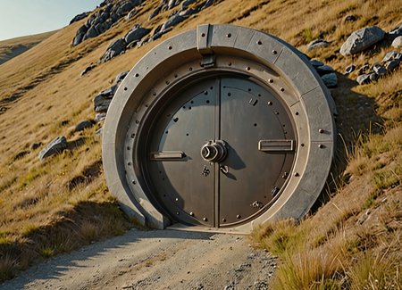 re-enforced round vault door on the side of a hill, at the end of a road  high quality, 4k, extreme detail . kodak 400 f12 <lora:addMoreDetails:1> Ultra details++ , add more details, hyperrealistic