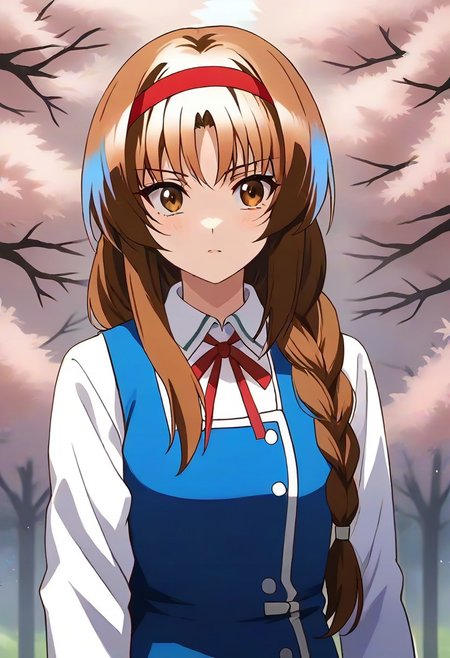 best quality, 4k, rating_safe, very aesthetic, source_anime,1girl, <lora:Takao:0.9>,takao,brown hair,brown eyes,long hair,single braid,red hairband,neck ribbon,white shirt,long sleeves,blue vest,gray skirt,school uniform,