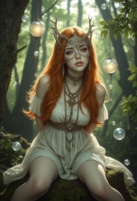 A serene and ethereal scene of a delicate, pale-skinned woman seated gracefully on a moss-covered tree stump in a tranquil forest setting. She has long, flowing, fiery-red hair cascading over her shoulders, contrasting beautifully with her white, porcelain complexion. Her big eyes and face is partially concealed by an ornate, white lace and metallic mask with intricate filigree patterns and small shimmering details, evoking mystery and elegance. She wears a sheer, flowing ivory dress adorned with subtle floral patterns, its lightweight fabric softly hugging her figure while catching the light. The dress features off-the-shoulder sleeves and a modest neckline, exuding a vintage, fairy-tale aesthetic. Around her neck, she wears a delicate choker with a dangling star-shaped charm, enhancing her refined appearance. Her arms are behind her back as she stares at you with a mix of curiosity and shyness. Suspended in the air around her are glowing, pearlescent orbs and globes, their soft light reflecting on her skin and dress, adding an element of enchantment to the scene. The forest background is lush and vibrant, with strong sunlight filtering through tall trees and on her back, casting dappled light onto the scene and creating a dreamlike atmosphere. The art style is hyper-realistic with a focus on fine details, textures, and soft lighting, emphasizing the ethereal quality of the figure.