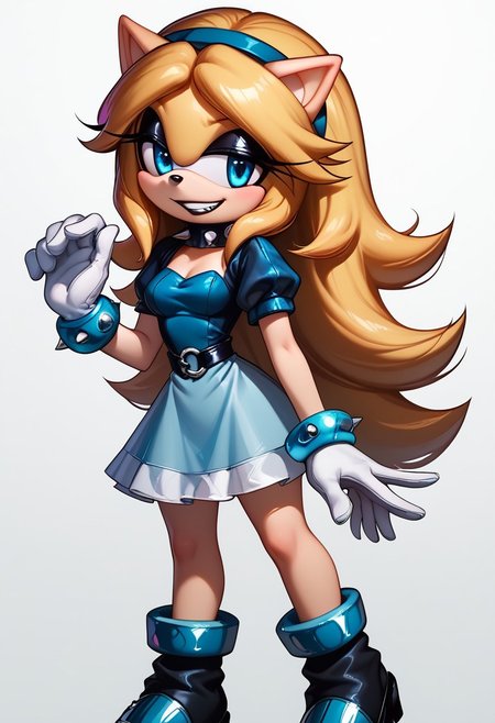 score_9, score_8_up, score_7_up, score_6_up, g0thicPXL, 1girl, 1girl, solo, goth girl, maria_robotnik, sonic_(series), hedgehog_girl, eyeliner, eyeshadow, blue eyes, long blond hair, blue_hairband, black lips, seductive smile, pretty face, spiked collar, white_gloves, blue_dress, medium skirt, shoes, blue_footwear, sexy pose, smile, grin, cute, sexy pose, lewd expression, wide hips, medium breasts, standing, biting one of her nails.