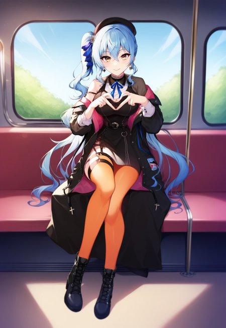 safe_pos, safe_pos, score_9, score_8_up, score_7_up, score_6_up, masterpiece, high quality, 1girl, tall_girl,long_legs, Beautiful Finger,<lora:Hand v3 SD1.5:1>, Hand, Perfect hand, Detailed hand, perfect face, expressive eyes, perfect balance, detailed face, perfect lighting, newest, best quality, absurdres, highres, very aesthetic, Colorful, eyebrows visible through hair, hair between eyes, SimplePositiveXLv2, full view, 200 cm tall, full body, full body shots, cowboy shot, looking at viewer, looking down, 1girl, HoshimachiSuisei, side ponytail, side ponytail, long side pony tail, blue hair ribbon, SuiseiStreet, long hair, half updo, black beret, black dress, collared dress, bow earrings, lace choker, neck ribbon, black belt, orange pantyhose, o-ring thigh strap, single garter strap, two sided jacket, off shoulder, bloack_boots, very long legs, narrow waist, elegant, light smile, train, inside train, scenery, w arms, sitting, looking at viewer, cable headphones, crossed_legs, cross-laced boots, heart fingers, heart hands,