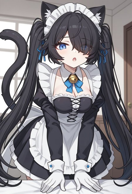 score_9, score_8_up, score_7_up, (Maid-kasli), solo, white gloves, dress, hair over one eye, maid apron, blue eyes, twintails, cat ears, maid headdress, maid, gloves, 1girl, apron, juliet sleeves, long sleeves, long hair, black hair, animal ears, bell, looking at viewer, open mouth, indoors, (((bending over, hands down)))