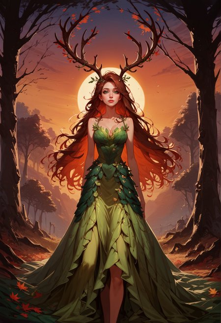 score_9, score_8_up, score_7_up, 1 girl, long hair, brown hair, tilted angle, female focus, antlers, dryad, nature,  concept art, green eyes, leaf dress, sunset, romantic  <lora:sdxl\Concept Art Ultimatum Style LoRA_Pony XL v6:0.8> <lora:sdxl\Expressive_H-000001:0.8>, expressiveH <lora:sdxl\sinfully_stylish_SDXL>