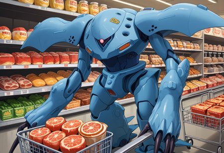score_9, score_8_up, score_7_up, source_anime, front view, BREAK,  ( hygogg, blue_hygogg_armor, pink monoeye, from side, looking at viewer, long arms, very long arms, long claws) 1mech, blue mech, wide mech, large shoulders, large shoulder armor, mech focus, solo, BREAK, two arms, in grocery store, in deli, cuts of meat, grabbing food, pushing shopping cart,