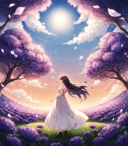 score_9, score_8_up, score_7_up,  BREAK
1girl, long flowing dark hair adorned with purple flowers, wearing a lavender dress with floral patterns, standing in a field of blooming purple flowers, petals gently floating in the air, serene and contemplative expression, highly detailed face, soft natural light, sunset sky with a gradient of purple and orange hues, intricate details in the flowers and leaves, depth of field, volumetric lighting, high dynamic range, gentle breeze, atmospheric effects, ethereal and tranquil setting, 2d anime style, detailed background with distant mountains, arms gracefully raised