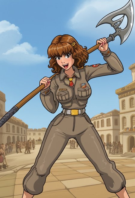 happy girl, random_combat_action_pose, scythe, perfect_face (4K4BUR5TYL3)