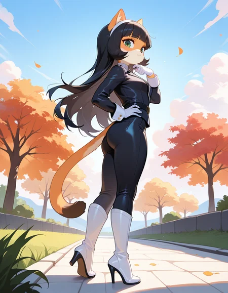 masterpiece, best quality, very aesthetic, absurdres,
outdoors, posing, 
white gloves, white high heel boots, black pants, black jacket, long sleeves, 
<lora:Kitty_Katswell_v01_NAIXL:1>
K1tty_Kat6w3311, 1girl, solo, furry, furry female, animal ears, long hair, black hair, hairband, blunt bangs, flipped hair, green eyes, animal nose, body fur, orange fur, cat tail,