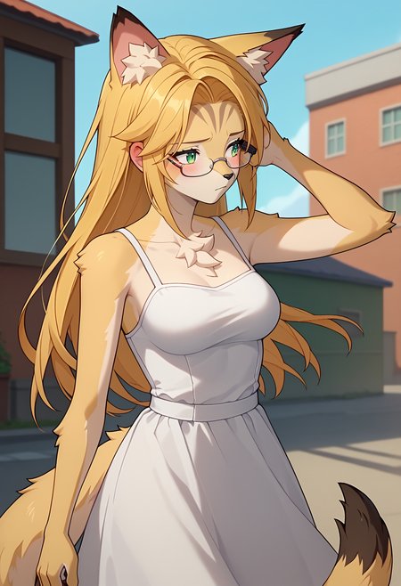 score_9, score_8_up, score_7_up, anime screencap, source_anime, 1girl, solo,
<lora:Pulchra_ZZZ_V1:.85>, KJOpulchra, furry female, animal ears, tail, blonde hair, green eyes, long hair, 
white sundress, bare shoulders, expressionless, looking to the side, blush, embarrassed, glasses,
adjusting hair, wind,
rooftop,
(Beautiful, medium Breasts:1.2),