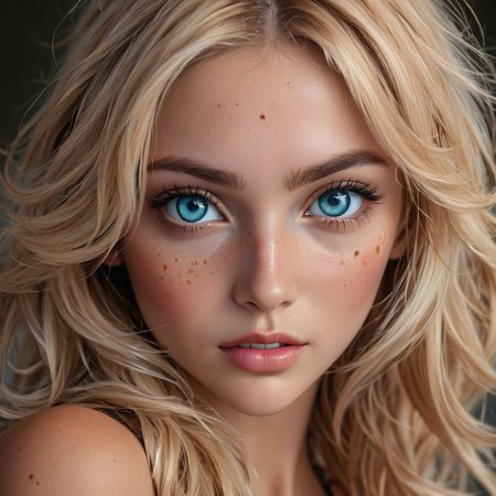 best, masterpiece, Domi with wavy blonde hair and blue eyes, extreme closeup, exotic colorful makeup, model face, model pose, selfie, highly detailed skin texture, freckles, highly detailed photo, professional photograph, dynamic lighting