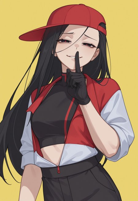 anime, masterpiece, best quality, detailed background, 8k, 1girl, solo, YiXi, black hair, long hair, black eyes, red pupils, baseball cap, red cap, sideways cap, black crop-top, jacket, red and white jacket, black gloves, black pants, parted lips, half-closed eyes, smirk, yellow background, half body, eerie, turning to viewer, staring at viewer, shushing pose, hand in front of mouth