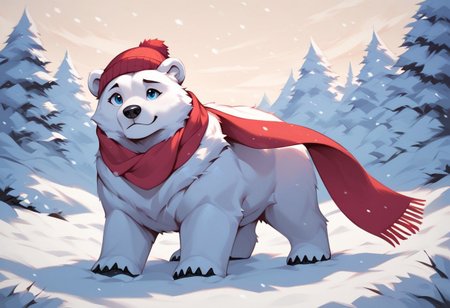 score_9, score_8, score_7, (masterpiece), best quality, expressive eyes, perfect face, fl00ffymadn3ss, (polar bear, feral polar bear), white fur, male, (snow, blizzard), cute pose, scarf, beanie