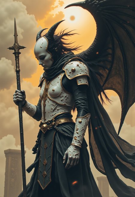 A chilling close-up portrait of a spectral angel in radiant white and gold armor. His face is partially obscured by a helmet with glowing eyes, and massive, bat-like wings protrude from his back, dark and foreboding. Torn fabric of a once-glorious cape flutters in the cold breeze of a ruined, forsaken celestial temple. The sky above swirls in ominous gold and silver, with the faintest trace of an ancient, dying sun struggling to shine through the thick fog, neon-mist, ethdysty, dfmstyle