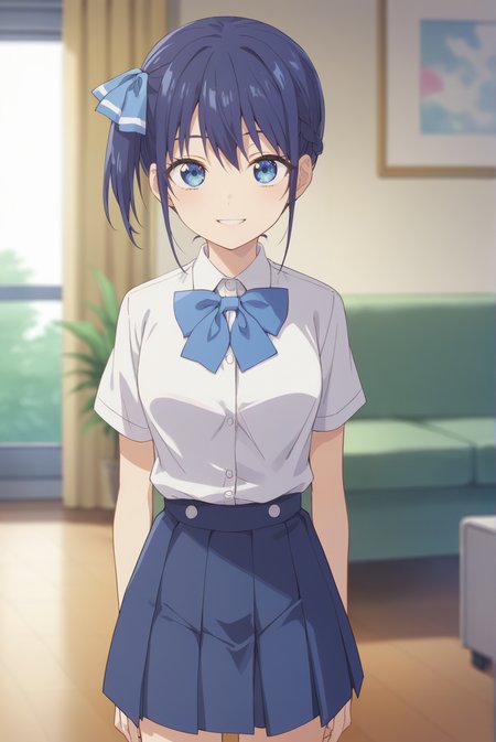 score_9, score_8_up, score_7_up, score_6_up, score_5_up, score_4_up, BREAK source_anime, 1girl, solo,
<lora:NagisaXL-v1-07:0.7>, ChopioNagisa, short hair, blue hair, side ponytail, hair bow, blue eyes, side braid, looking at viewer,
outfit_1, white shirt, collared shirt, bowtie, short sleeves, blue skirt, pleated skirt,
living room, standing, smile, arms at sides, parted lips,