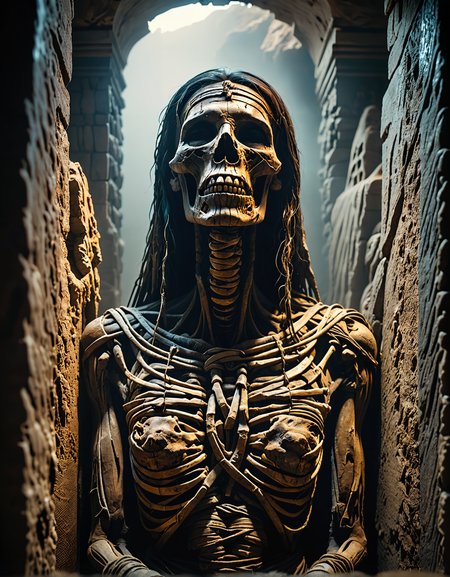 photorealistic professional photo of dry decomposed ancientperuvian mummy standing in a sarcophagus inside and abandoned tomb, teeth exposed  <lora:add-detail-xl:1>  masterpiece, 8k, illustration, cinematic lighting, epic, awardwinning  (volumetric fog:1.7)