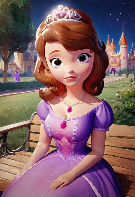 score_up_8, score_up_9, 1girl, violet dress, sofia_the_first, tiara necklace, brown hair, medium breasts,, background near castle, poring rain, night sky, at park, sitting on bench, looking at viewer, huge cleavage