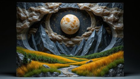 <lora:ck-polygon-gems-0019.safetensors:1> a crafted gemstone model in the style of cklg featuring a
In the dimly lit gallery, the intricate relief stands as a testament to a hidden world, where the celestial and terrestrial realms converge. At its heart, a large, round celestial body reigns, its surface pockmarked with craters and textures that speak of ancient mysteries. This moon, a cosmic sentinel, is encircled by swirling forms that mimic the dance of clouds or cosmic winds, their muted browns and grays adding a profound sense of earthy gravitas to the astral setting. Set against a dark, starless background, the moon appears as a solitary guardian, its presence both comforting and enigmatic.
Below, the landscape unfolds with a vivid intensity. Jagged mountains, hewn from black stone, rise from the verdant expanse below. Their sharp, angular forms cut through the canvas, creating a stark contrast with the lush, sweeping grassy plains. The fields are a tapestry of green and ochre, each blade of grass meticulously crafted to catch the light, suggesting a gentle breeze that stirs the earth. The grasses bend and sway, their movement a symphony of life amidst the static backdrop of the mountains.
This mixed-media creation is a tactile masterpiece, blending painting and sculpture to forge a world where the surreal and the real coexist. The style, influenced by surrealism and modern relief sculpture, weaves a seamless narrative that bridges the heavens and the earth. The artist’s attention to detail is evident in the way light and shadow play across the craters of the moon and the individual strands of grass, giving the piece a lifelike, three-dimensional quality.
The mood of the relief is both serene and otherworldly, a harmonious blend of fantasy and natural beauty. The dark upper portion, with its cosmic moon and swirling forms, contrasts sharply with the vibrant lower terrain, inviting the viewer’s eye to wander across the composition. This balance of celestial and earthly elements creates a contemplative and mesmerizing experience, drawing the observer deeper into a realm where the ordinary and the extraordinary coalesce.