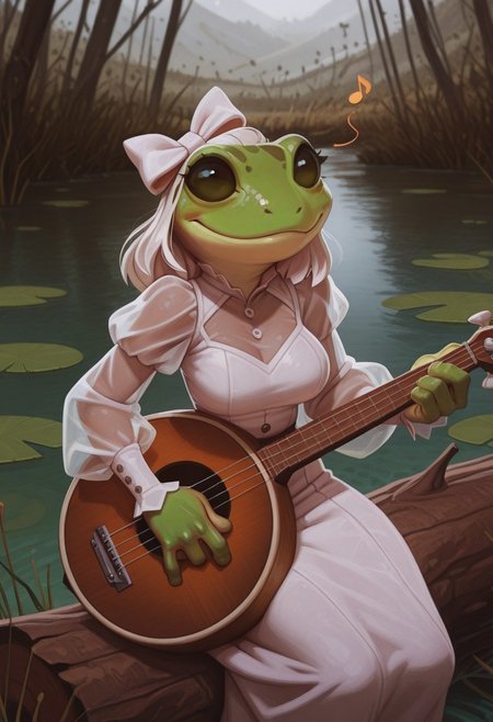 masterpiece, best quality, absurdres, highres, high quality, highly detailed,
1girl, solo, grungrace, anthro frog, spots, green skin, no humans, smile, white hair bow,
breasts,
white dress, fringe trim, puffy sleeves, see-through sleeves,
upper body, face focus, portrait,
banjo, playing instrument, musical note,
outdoors, depth of field, cinematic, sitting on log, lily pad, wetland,
no lineart, pixelsketcher,