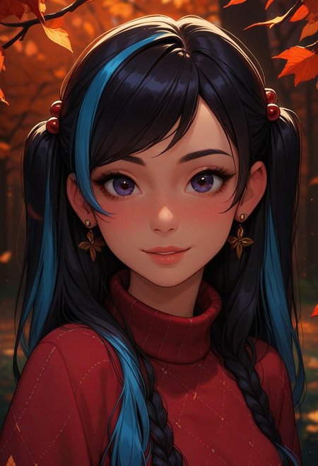 score_9, score_8_up, score_7_up, score_6_up, 
1girl, 25 years old, perfect face, cute, petite,
dark eyes, 
latino,
multicolored hair, black hair, blue hair, long hair, swept bangs, two side up, hair bobbles,
argyle clothes, (argyle sweater), red sweater, 
autumn, autumn leaves, 
blush, shy smile, portrait, face focus, depth of field,
looking at viewer, dynamic angle