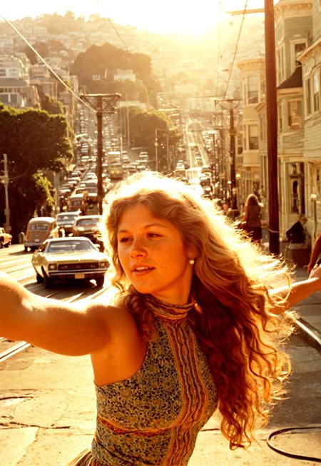 (((masterpiece, best quality, amazing quality, absurdres, realistic, detailed skin, dynamic angle))),


(((cute face closeup)))
realistic street photography, 1970s San Francisco, young woman, 20 years old, blonde, long wavy hair, hippie, chest and face, side view, turning head to viewer, (((arm outstretched towards the viewer:1.3))),serene expression,lips apart, teeth, natural movement, cute, freckles, dust light, vintage 70s short tight dress, stretch fabric, psychedelic patterns, high collar ,sleeveless, 

urban San Francisco background: steep hilly street, tram rails, vintage cable car classic 70s cars parked on the sides, street lamps, overhead wires. warm sunset light, long shadows, soft golden hour lighting, sharp focus on subject, slight depth of field blur on background, film grain, subtle desaturation, high detail, high realism, high resolution, photo taken on the spot