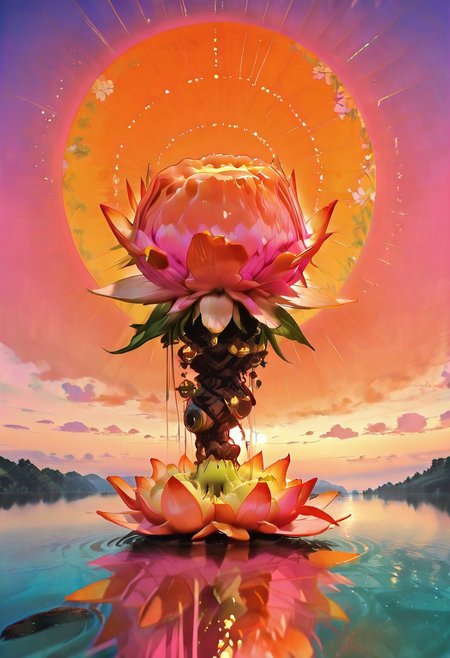A serene woman, short hair, light hair, gazes upward, soft expression, contemplative, simple dress, elegant dress, watercolor-style floral patterns, dress with pink and red hues, Delicate gold accents, vibrant flowers in background, dreamy flowers, ethereal, ((romantic, romanticism)), tranquil lake scene, at sunset, vibrant orange hues, vibrant purple hues, vibrant pink hues of, reflecting on the water surface, shapes mirrored in the calm water, low horizon, distant fog, colorful sky, in the style of cksc, vdsur, surreal, colorful background, masterpiece, best quality, very aesthetic, newest, absurdres, incredibly absurdres, amazing quality, depth of field, inspired by Claude Monet, sucking own peaches