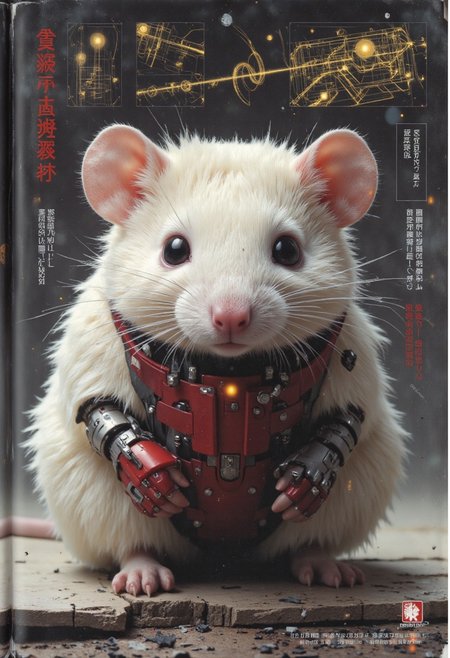The image is a high-resolution photograph of a futuristic, highly detailed, fluffy mouse rendered in a realistic, CGI style. The mouse is depicted in a dramatic, close-up view, showcasing its intricate fur texture and an otherworldly design. The mouse is primarily white and red with metallic accents, suggesting it has been integrated with advanced technology. Its small, delicate paws rest gently on a surface, while its body features subtle mechanical components, such as metallic plating and tiny embedded circuits, indicating a blend of organic and technological elements. The mouse's large, expressive eyes glimmer with intelligence, and its whiskers appear finely detailed. Around the mouse, various technical diagrams and Japanese characters are displayed, suggesting it might be part of a promotional image for a sci-fi or cybernetic technology concept.