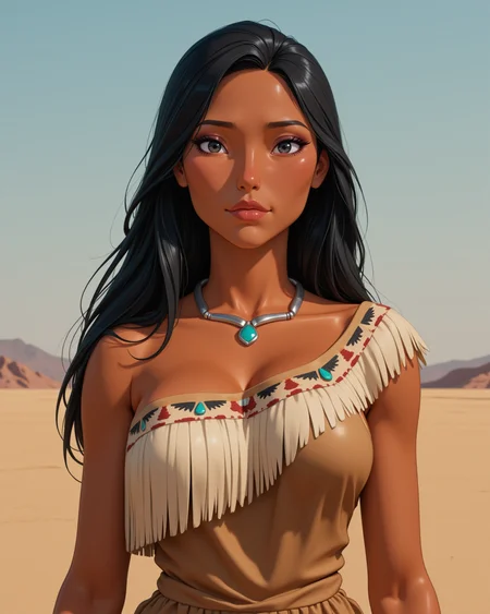 wide shot, looking at viewer, outdoors daylight, 20 year old woman
front view, passport style with upper body and waistline 
<lora:Disney_-_Pocahontas_v2-000030:1> d-pocahontas a 20 year old adult woman with black eyes, black hair and dark skin.
a strong, graceful woman with long flowing raven-black hair, wearing a one-shoulder buckskin dress with soft fringe along the hem and neckline, subtle tribal beadwork, simple turquoise pendant necklace,