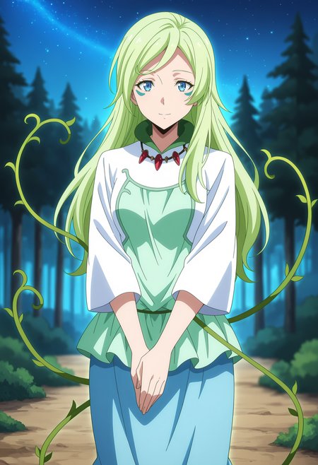 anime screencap, masterpiece, best quality,
<lora:TenSura_Treyni_IlluXL:0.9>,
1girl, solo, closed mouth, light smile,
long hair, green hair, blue eyes, facial mark, vines,
multicolored dress, white dress, green dress, necklace, long sleeves,
long skirt, blue skirt,
own hands together, standing, looking at viewer, cowboy shot,
outdoors, forest, night, starry sky, blurry background