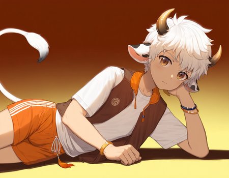 masterpiece, best quality, luye-style, simple background, orange gradient background, backlighting, 1boy, solo, white hair, brown eyes, looking at viewer, cow horns, cow tail, cow ears, closed mouth, white t-shirt, brown vest, open vest, orange shorts, on side, bracelet <lora:luye-yuan_naXL_v3c-ShoAI:1>