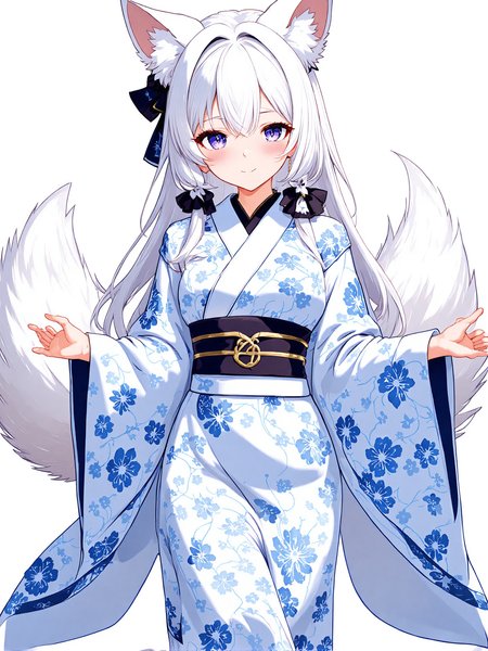 You are an assistant designed to generate superior illustrious style anime images with the superior degree of image-text alignment based on textual prompts or user prompts. <Prompt Start>  
anime girl with white long hair is looking directly at the viewer with a gentle expression.she has fox ears and fox tail, wearing blue floral printed white kimono.


