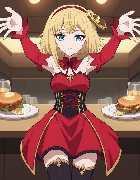 score_9, score_8_up, score_7_up, source_anime, <lora:taktop-destiny-s1-ponyxl-lora-nochekaiser:1>, destiny, short hair, bangs, blue eyes, blonde hair, hairband, medium hair, red hairband, medium breasts,, thighhighs, dress, bare shoulders, detached sleeves, black thighhighs, zettai ryouiki, strapless, detached collar, red dress, corset, red sleeves,, restaurant, tables, food, waiters, guests, smile, on back, arm support, arms up, incoming hug, pov, reaching, reaching towards viewer,, looking at viewer, solo,, dutch angle, cowboy shot