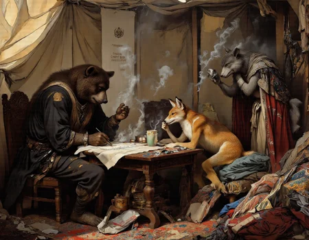 <lora:funnys:1>, This is a high-resolution, ultra-realistic CGI-rendered illustration reimagining Ilya Repin's masterpiece "The Zaporozhian Cossacks Write a Letter to the Turkish Sultan" with anthropomorphic animal characters. Every detail is rendered with meticulous precision, capturing lifelike textures and lighting that blur the line between reality and artistry. The scene features four distinct anthropomorphic animalsâa bear, a hare, a fox, and a wolfâeach portrayed with anatomically accurate proportions, realistic fur, and expressive human-like gestures., 
At the heart of the composition sits the towering bear, his immense frame draped in a tunic made of coarse, handwoven fabric. His thick fur, rendered with photorealistic detail, shows individual strands catching the sunlight streaming through gaps in the tent roof. Each hair glistens subtly, creating a tactile sense of depth and realism. His weathered face conveys intense emotion as he dictates the letter, his deep-set eyes gleaming with fiery determination while his broad paws gesture emphatically. A faint scar runs along his left cheek, adding to his rugged appearance., 
To his right, the fox perches on a wooden stool, her lithe form poised with practiced elegance. Her sleek orange fur shimmers under the soft golden light, each strand meticulously textured to reflect her movements. She holds a quill pen delicately yet confidently in her slender fingers, pausing occasionally to glance up at the bear with a sly smile before returning to the parchment. Her sharp amber eyes glint with mischief as she adds exaggerated insults to the letter, her whiskers twitching with restrained laughter., 
Nearby, lounging on a pile of intricately patterned woven rugs, is the hare. His lean body reclines against a stack of cushions, his long ears drooping slightly from the warmth of the room. His soft gray fur has been rendered with hyperrealistic precision, showing subtle variations in tone and texture where it catches the light. Dressed in a patched vest and loose trousers, his relaxed posture contrasts humorously with the animated energy around him. In one paw, he cradles a ceramic mug filled with steaming tea, its surface reflecting tiny ripples as he raises it in mock celebration of their defiance., 
Standing at the edge of the group, leaning casually against a wooden support beam, is the wolf. His imposing figure commands attention despite his reserved stance. His dense gray fur is marked with faint scars and dirt smudges, evidence of battles fought and hardships endured. His piercing blue eyes scan the scene with quiet vigilance, betraying a hint of amusement when the others grow particularly boisterous. His cloak, woven from coarse wool, drapes naturally over his shoulders, with every fold and crease rendered in stunning detail., 
The setting is brought to life with breathtaking realism: the makeshift tent is constructed from weathered canvas, its fibers frayed and stained with age. Sunlight filters through cracks in the roof, casting dynamic shafts of light across the scene and highlighting dust particles suspended in the air. Rough-hewn wooden furniture fills the spaceâbenches, stools, and tables carved with visible tool marksâand colorful woven rugs cover the earthen floor, their intricate patterns rendered with photographic clarity. Weapons hang from pegs on the walls, including sabers and muskets, their metallic surfaces reflecting soft highlights., 
On the central table lies the half-written letter, its parchment illuminated by the natural light. Ink stains dot the edges of the paper, and scattered inkpots and quills sit nearby, some tipped over from the chaos of writing. Empty mugs and plates litter the area, remnants of a recent meal shared among comrades. Above the bustling scene hangs a faded banner bearing the inscription: "Freedom cannot be tamed.", 
Every element of this ultra-realistic depictionâfrom the delicate reflections on the ceramic mugs to the fine hairs of the animalsâ furâis crafted with extraordinary attention to detail. The result is an immersive visual experience that captures not only the humor and camaraderie of the original painting but also elevates it into a world where these anthropomorphic characters feel alive, tangible, and utterly convincing., ultrarealistic