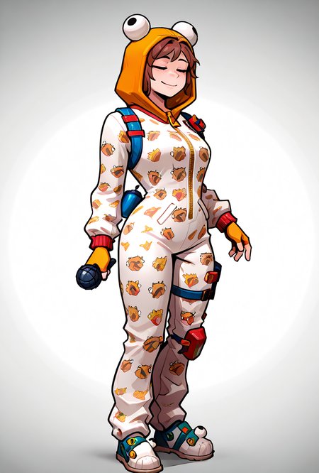 <lora:ilonesie-10:1> onesie, 1girl, orange hood, solo, short brown hair, smile, orange fingerless gloves, , zipper, animal print, white onesie,       <lora:17bucks_Style_Illustrious:1> 17bucks, gradient color, 2d, standing, holding microphone, full body ,, masterpiece, best quality, amazing quality, very aesthetic, absurdres, newest,