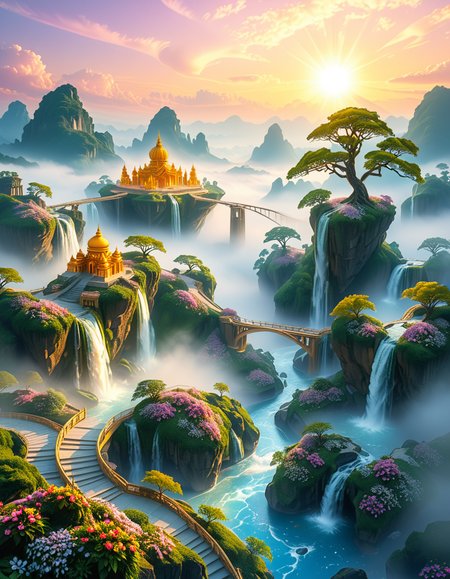 A mesmerizing celestial background featuring an otherworldly paradise. Towering crystalline mountains with peaks that glow softly under a sky painted in shifting hues of iridescent blues, pinks, and golds. Rivers of liquid light flow through vast, open meadows filled with luminescent flowers that pulse with a gentle glow. Gigantic, translucent trees with silver leaves sway in a breeze that carries floating particles of golden dust. Suspended bridges made of shimmering energy connect ancient, floating monoliths engraved with intricate celestial patterns. In the distance, an enormous radiant waterfall cascades into a bottomless, mist-covered abyss, reflecting the surrounding ethereal glow. A tranquil atmosphere, untouched and divine, filled with an overwhelming sense of wonder and serenity.
<lora:SDXLFaeTastic2400:0.4> <lora:extremely_detailed:0.4> extremely detailed, <lora:heavenly_l4ndsc4p3:1>,heavenly l4ndsc4p3, Masterpiece,best quality,hi res,8k,hi res,8k,award winning,(sharp focus, intricate, highly detailed),