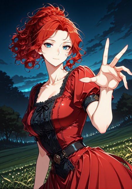 <lora:Alicia_Termina_Magentano__The_Greatest_Estate_Designer:1>
1 girl, solo, red hair, blue eyes, medium hair, curly hair, 
red dress, short sleeves, puffy sleeves, puffy short sleeves, ponytail, collarbone
masterpiece, best quality,high quality, newest, highres,8K,HDR,absurdres, score_9, score_8_up, score_7_up, very aesthetic, source_anime, detailed, high quality, beautiful, masterpiece, detailed eyes, field, blurry background, pose dynamic angle, upper body, cowboy shot, light smile, looking back, looking at viewer, reaching out, floating hair, night <lora:iLLMythG0thicL1nes:1> , <lora:Eyes_High_Definition:1>