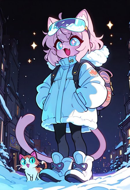 masterpiece, best quality, simple illustration, 1cat, , superdeformer, cute,  snow suite, snow glasses, urban clothing, full body, solo, dark background, sparkles, vivid colors, vertical pupils,fang, tail , mcnm, in the style of cknc, cute_style01f1, hands on pockets