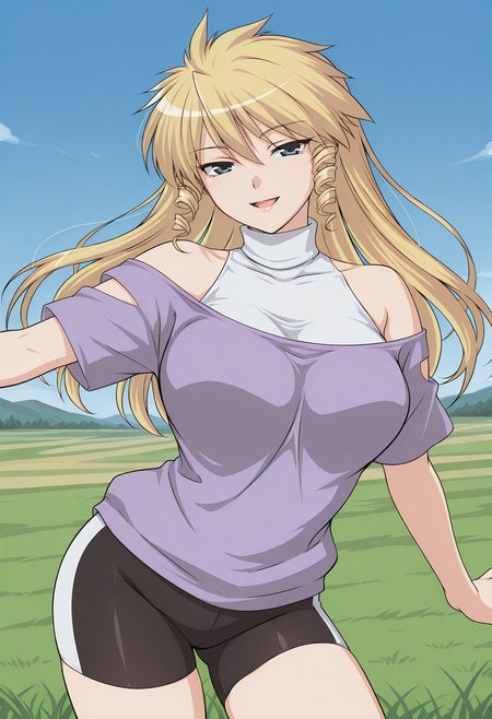 ichigaya_reika, blue eyes, blonde hair, long hair, drill hair, purple shirt, off shoulder, short sleeves, white turtleneck, bike shorts, <lora:ichigaya_reika_illustrious_ver1:0.8> 
smile, open mouth,, masterpiece, best quality, sensitive,, 1girl, solo, blue sky, (grasslands:1.2), looking at viewer,, (cowboy shot, dynamic pose:1.4),