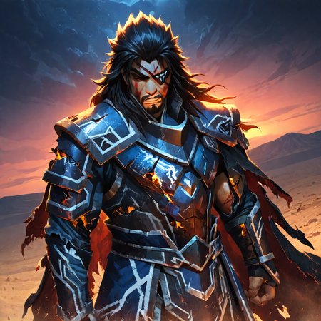 masterpiece, best quality, very awa, by rounin \(amuza\), <lora:xiahoudun-10:2>, 1boy, solo, cowboy shot, xiahoudun, black hair, long hair, brown eyes, eyepatch, facial hair. armor, cape, torn clothes, battle damaged, disheveled, exhausted, blood on face, bloody, bruised eye, desert, night, dynamic angle, <lora:cfg_scale_boost:0.7>, <lora:add-detail-xl:1.4>, <lora:xl_more_art-full_v1:1>