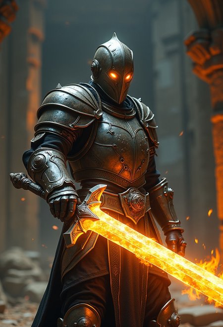 (A cinematic shot of a 'warforged' (eberron warforged), sapient suit of armor, behind the helmet slits are  glowing eyes, detailed features,  holding a  glowing sword by the handle in attacking pose,  fire around the sword blade, best quality, amazing details, ancient temple in background:1.2), hkwarrior, mythp0rt