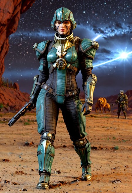 badass Grineer lancer, grineer lancer, teal grineer,  Wearing mask, mask on, grineer mask, grineer mask on, yellow eyes,  1boy, grineer lancer outfit, wearing grineer mask, holding gun, grineer gun, grakata, holding grakata, 
(Grineer mask), , (dark shot:1.17), ((epic)) realistic, faded, , art, (hdr:1.5), (muted colors:1.2), hyperdetailed, (artstation:1.5), cinematic, warm lights, dramatic light, (intricate details:1.1), complex background, (rutkowski:0.8),((full body:1.9)), by Blizzard entertainment, big armor, l, wearing grinear armour, black anf teal armour, large armor, low light, facing camera, lot of details, detailed armor, half side portrait, on space ship, (night time),