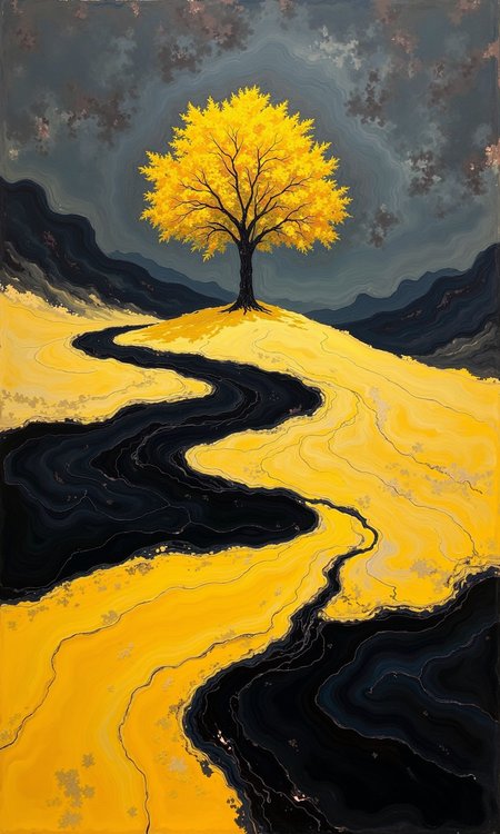 Full shot of an artistic landscape. 
A single, vibrant yellow tree stands on a gently sloping hill of a similar, but slightly darker, yellow color. The ground undulates with darker, almost black, flowing lines and swaths of the same yellow. These dark streaks resemble a winding path or riverbed, carving a design through the yellow terrain.
The background is a muted dark gray, textured with cracks and deep shadows, resembling a cloudy or stormy sky. The contrast between the bright yellow, dark black, and gray background is striking. The overall impression is one of a dramatic, stylized, and almost abstract landscape painting.
<lora:FLUX-daubrez-DB4RZ-v2:1> DB4RZ, DB4RZ style painting