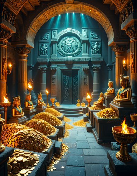 A hidden treasure chamber deep within an ancient temple, illuminated by the warm golden glow of torches and mystical blue light from enchanted crystals. The room is filled with piles of gold coins, jewel-encrusted goblets, and ancient artifacts covered in dust. Massive stone statues of forgotten deities guard the chamber, their eyes glowing faintly as if watching intruders. In the center, a grand pedestal holds a legendary artifactâan ornate golden crown encrusted with emeralds and sapphires, shimmering with an otherworldly aura. The walls are adorned with intricate carvings depicting lost civilizations, and creeping vines hint at centuries of abandonment. The atmosphere is mystical and slightly eerie, with a sense of both wonder and danger. The air is thick with the scent of aged parchment and burning incense, adding to the chamberâs ancient and mysterious feel. Cinematic lighting with dramatic shadows enhances the depth and richness of the scene, creating a visually stunning and immersive environment.
<lora:SDXLFaeTastic2400:0.4> <lora:extremely_detailed:0.4> extremely detailed, <lora:treasure_ch4mb3r:1>,treasure ch4mb3r, Masterpiece,best quality,hi res,8k,hi res,8k,award winning,(sharp focus, intricate, highly detailed),