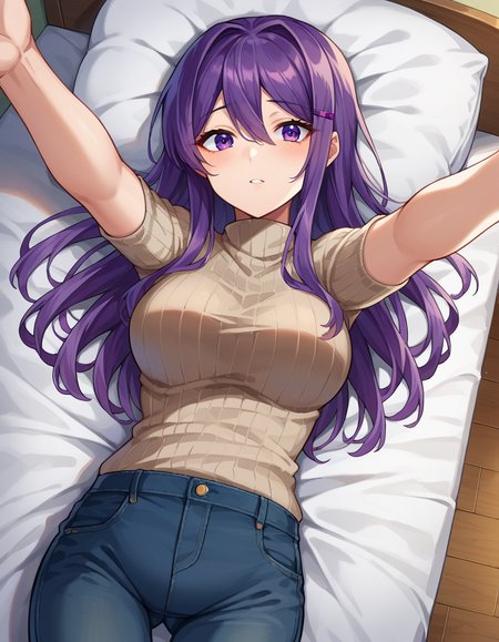 score_9, score_8_up, score_7_up, source_anime,
ddlcyuri, <lora:ddlc-yuri-ponyxl-lora-nochekaiser:1>
ddlcyuri, hair ornament, hairclip, long hair, purple eyes, purple hair,
casual clothes, grey sweater, miniskirt, pants, ribbed sweater, skirt, sweater, turtleneck, turtleneck sweater,
indoors, bed, bed room, on back, arm support, arms up, incoming hug, pov, reaching, reaching towards viewer,
looking at viewer, dutch angle, cowboy shot,