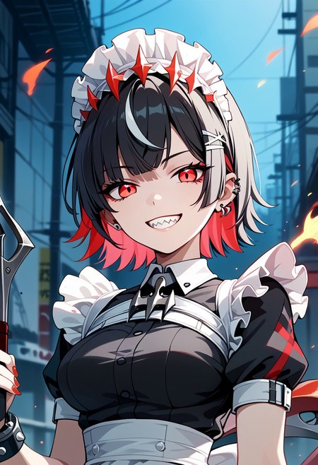 score_9,score_8_up,score_7_up,source_anime,ELLEN_JOE,1girl,solo,breasts,smile,dress,medium breasts,upper body,weapon,short sleeves,earrings,teeth,nail polish,grin,black dress,streaked hair,wrist cuffs,maid,maid headdress,piercing,sharp teeth,ear piercing,red nails,