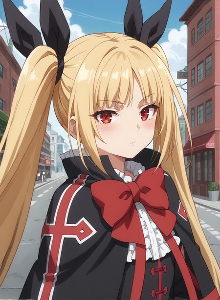 score_9, score_8_up, score_7_up, score_6_up, score_5_up, score_4_up, source_anime, anime screencap, masterpiece, insanely detailed, detailed background, zPDXL3, BREAK, RachelAlucardBB,1girl,solo,long hair,blonde hair,red eyes,red bow,ribbon,twintails,black hair ribbon,small breasts,frills,red bow,ghotic fashion,black capelet ,red cross pattern,black dress