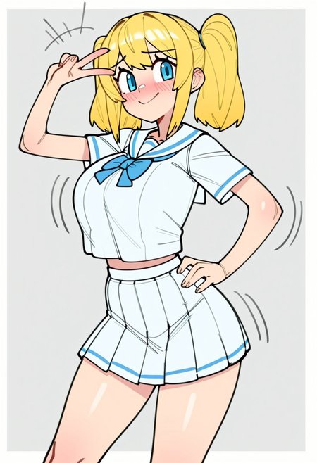 minkye, character portrait, cowboy shot, solo, 1girl, looking at viewer, blond hair, twintails, medium hair, large breasts, white school uniform, skirt, mid movement, peace, smile, blushing, motion lines, effects, pose, dynamic pose, on hand on hip