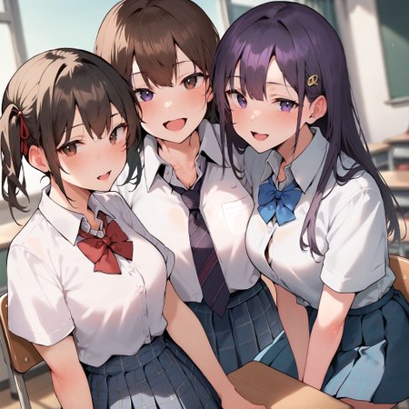 score_9, score_8_up, score_7_up, 3girls, multiple girls, breasts, smile, white shirt, shirt, shirt tucked in, purple eyes, skirt, medium breasts, blue eyes, school uniform, brown hair, necktie, purple hair, bangs, looking at viewer, short sleeves, blush, collared shirt, black hair, long hair, classroom, short hair, plaid skirt, twintails, indoors, bow, hair ribbon, bowtie, hair ornament, open mouth, plaid, desk, chair, ribbon, pleated skirt, dress shirt, tented shirt, red bowtie, closed mouth, brown eyes
,     <lora:Yuyu_PonyXL_dim32:1>