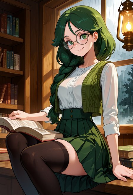masterpiece, best quality, 1girl, solo, eyelashes, (beautiful eyes), narrow waist, smile, sitting,   [Soft Academia Reading Nook], zzCheryl, green eyes, single braid, hair over shoulder, knit vest, pleated skirt, button-up shirt, knee-high socks, round glasses, stack of books, warm lamp, rain tapping the window â zzCheryl curls up in a reading nook with one leg tucked beneath her, a book open across her lap. Her green eyes glow softly under the amber lamp, and her braid hangs forward, brushing the page. Outside, rain trickles down the glass, but inside itâs all quiet thought and paper-bound wonder.  ,<lora:CherylPokemon_IXL_v2:0.8>,   <lora:CoutureCraze_IXL:0.7>,